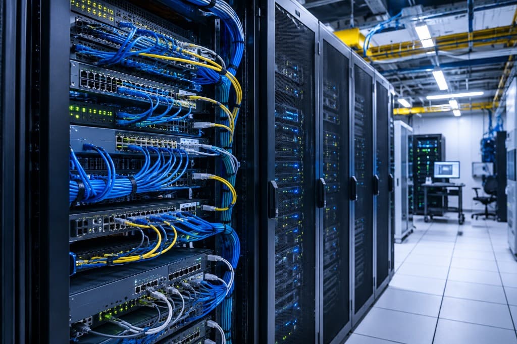 Data center with structured cabling and network switch racks