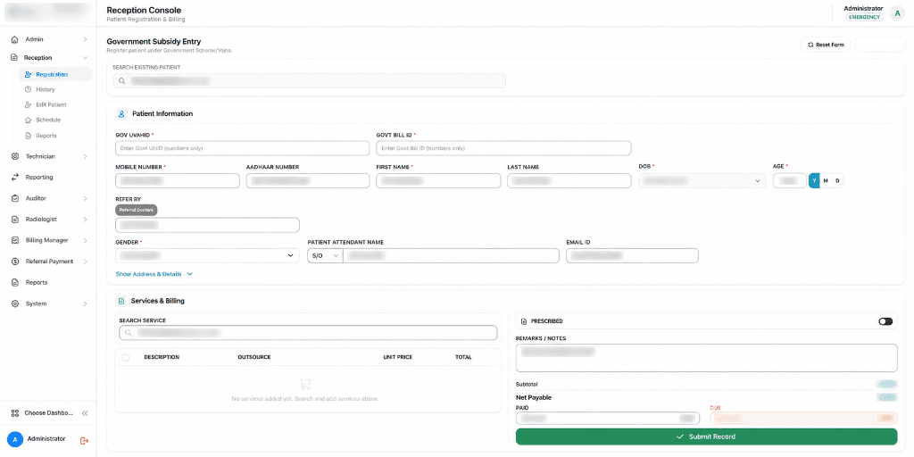 RIS reception console registration form with government subsidy entry and services billing