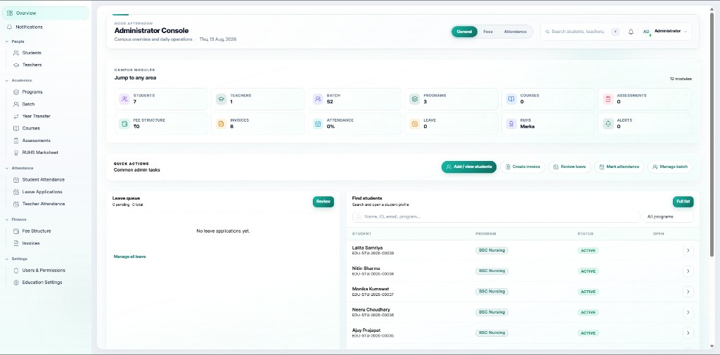 School and college admin console with campus modules and student directory