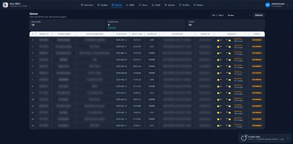 Guru PACS DICOM queue with incoming study transfer progress