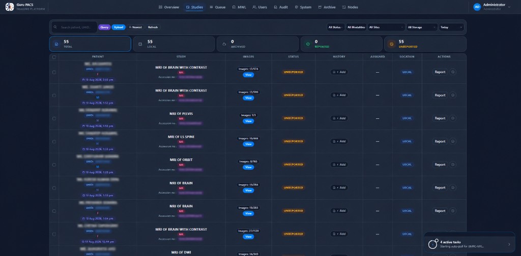 Guru PACS studies list with patient records and reporting status