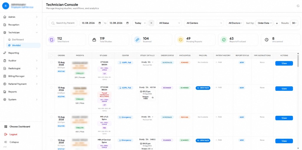 RIS technician worklist with orders, studies and report status